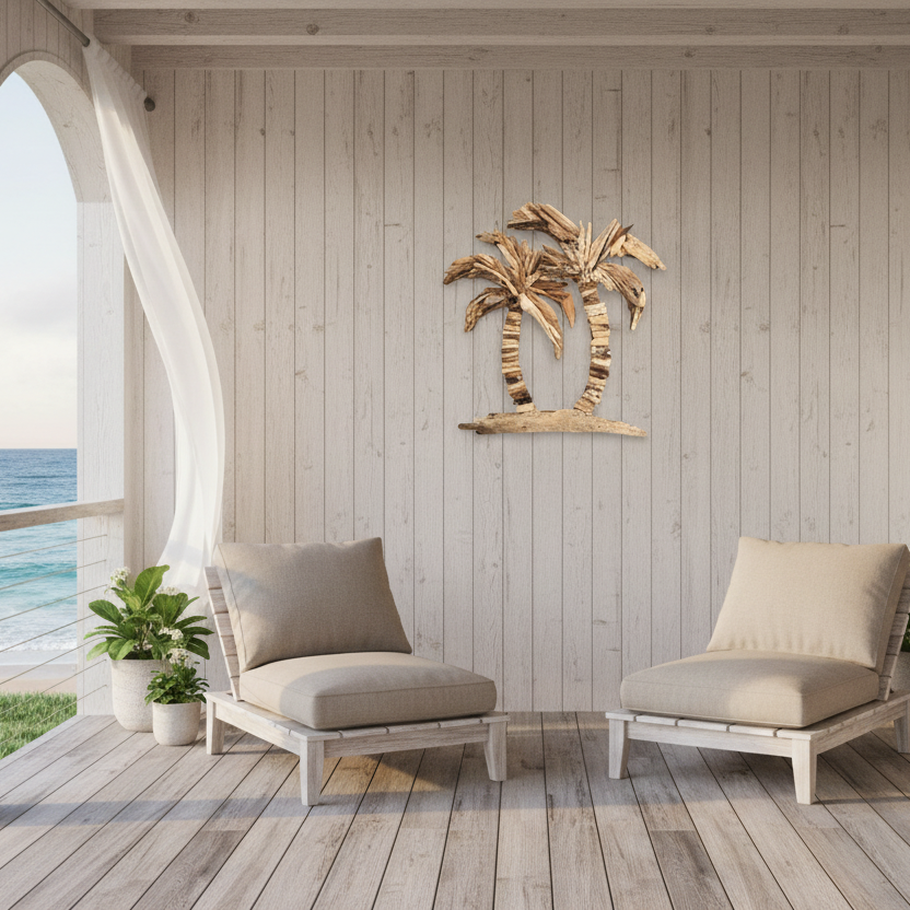 Add relaxed coastal charm to your home with the Nalu Driftwood Palm Wall Art. Handcrafted from natural driftwood, this unique 55cm palm design brings warmth, texture, and holiday style to any space.