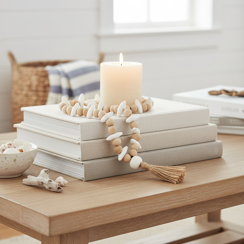 Natural and white wooden bead decorative tassel for styling on coffee tables or hanging from walls