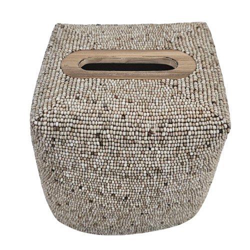 Luxe Hand Beaded Square Tissue Box Cover Natural