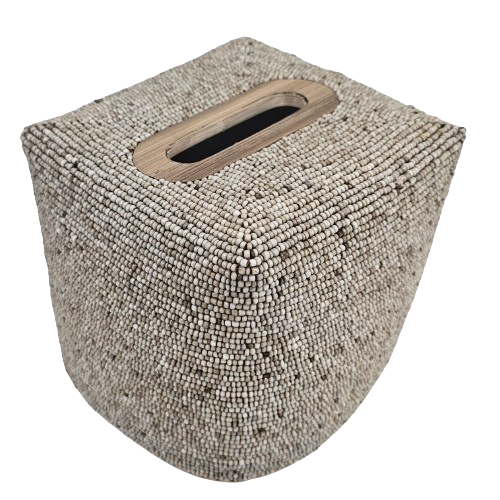 Luxe Hand Beaded Square Tissue Box Cover Natural