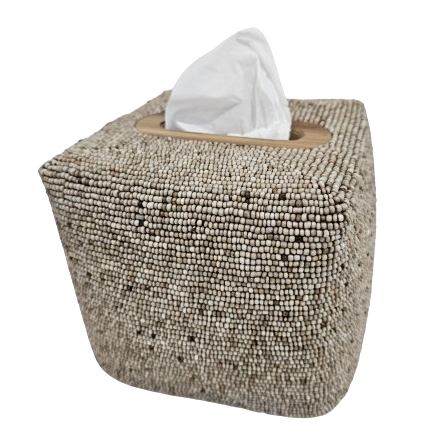 Luxe Hand Beaded Square Tissue Box Cover | Natural