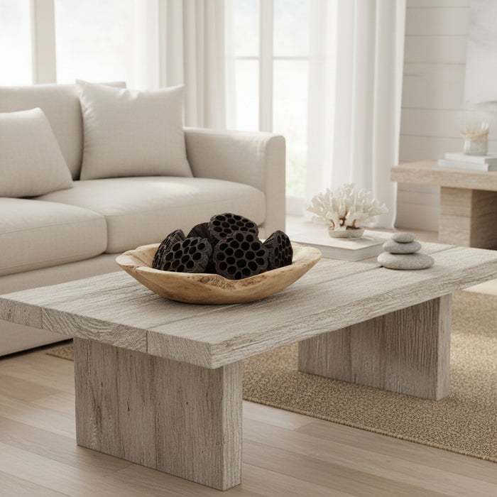 Natural Lotus pod in a bowl sitting on a coffee table in a coastal lounge room