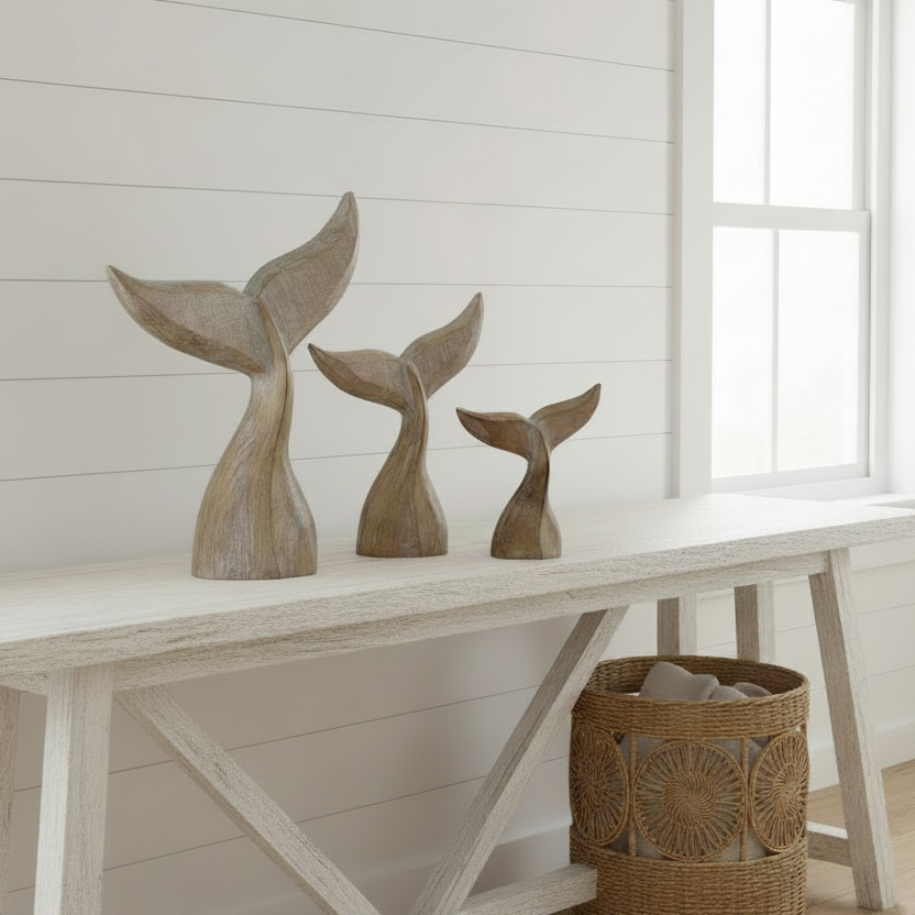 Handcrafted wooden Swaying Whale Tail, carved by Indonesian artisans and finished with a soft whitewash. A beautiful coastal sculpture available in 3 sizes.