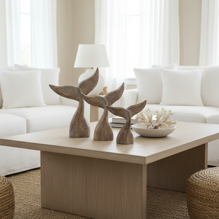 Handcrafted wooden Swaying Whale Tail, carved by Indonesian artisans and finished with a soft whitewash. A beautiful coastal sculpture available in 3 sizes.