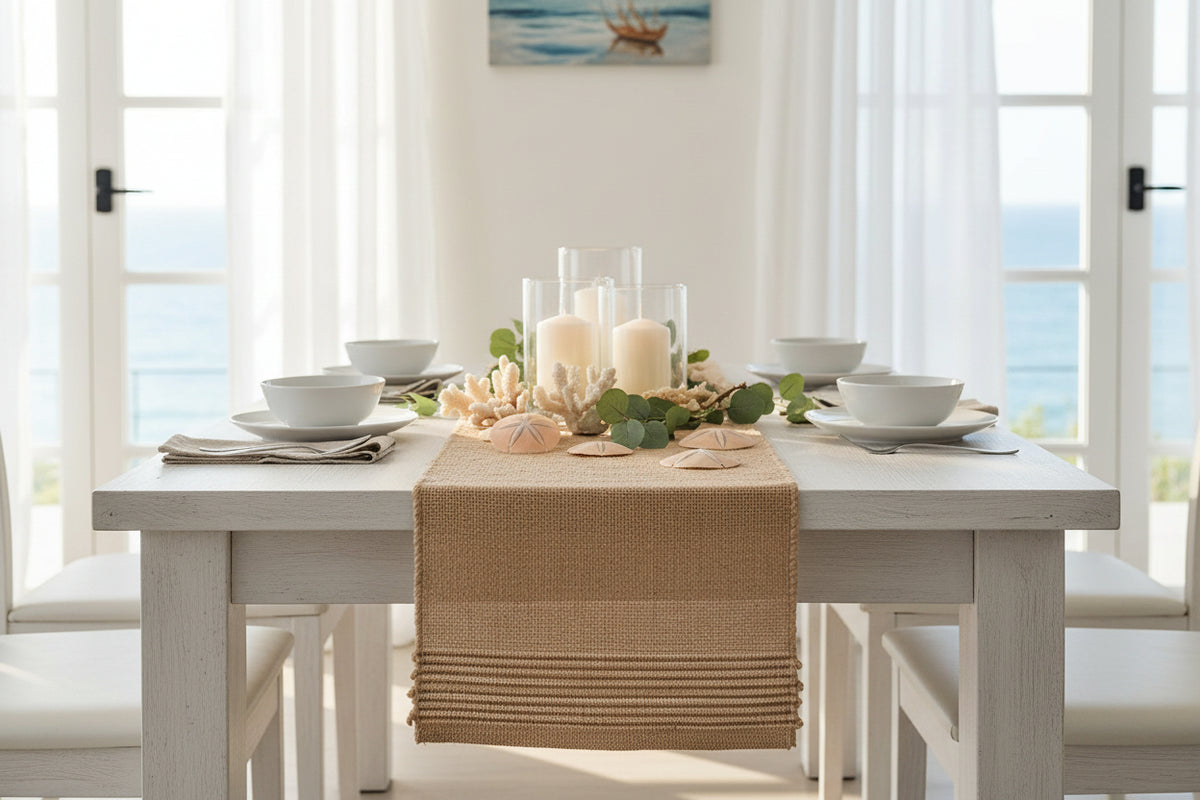 Marle Table Runner in natural jute, styled on a wooden table with boho décor, candles, ceramics, and woven placemats