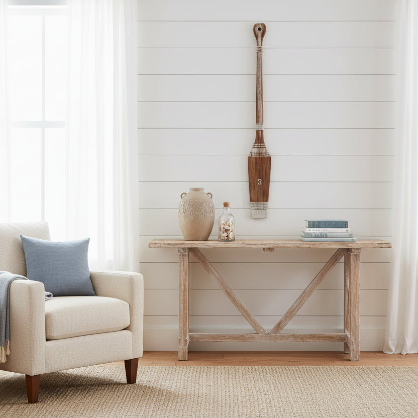 Wooden decorative oar with rustic finish for coastal beach house interiors