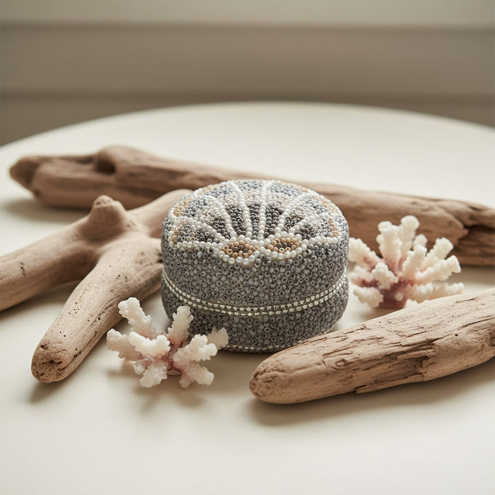 Hand beaded balinese decor trinket box for coastal decor