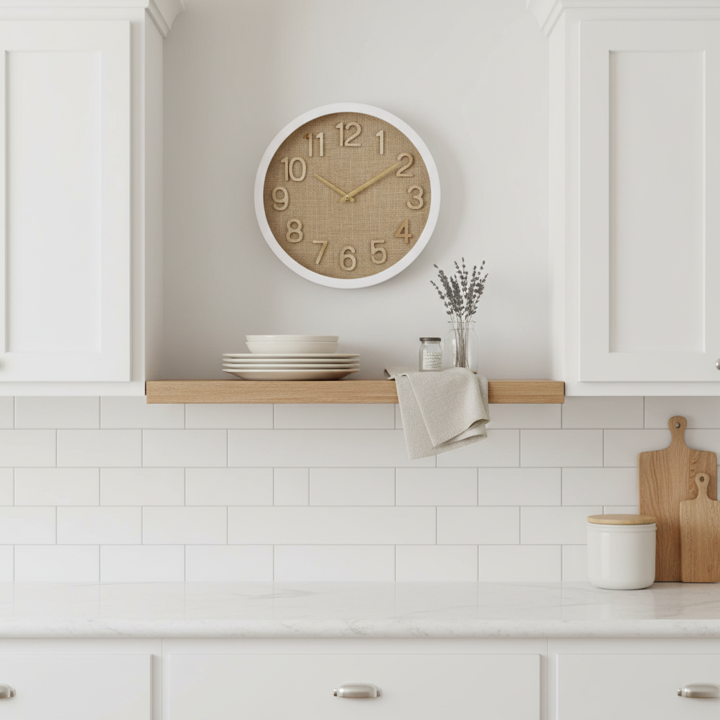 Discover the Oakley Linen Wall Clock featuring a woven natural linen dial, wooden numbers, and white glass frame. A stylish 40 cm decorative clock perfect for coastal, Hamptons, and modern interiors.