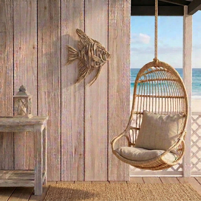 Add coastal charm to your home with Oceana, a handcrafted driftwood angelfish wall hanging. Unique natural wood décor for beach houses and Hamptons interiors.