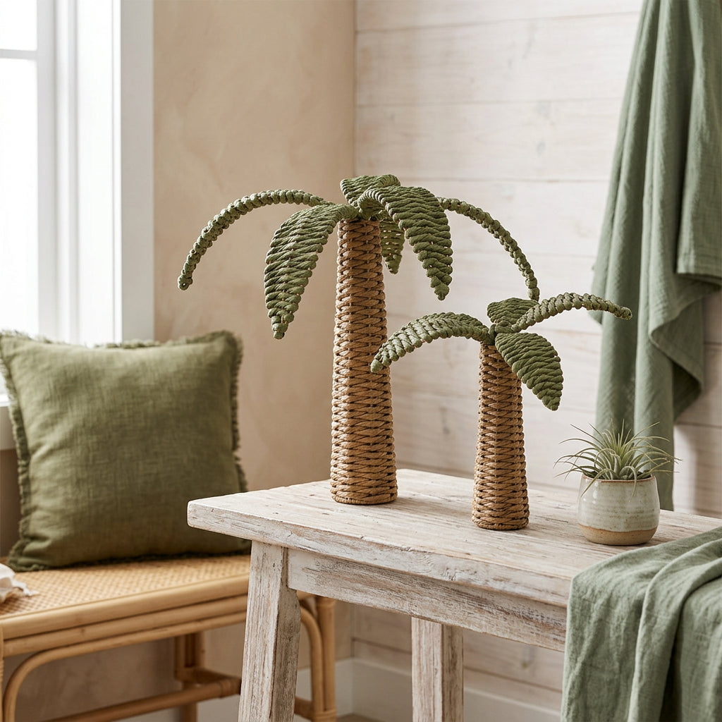 Bring tropical charm home with our Barefoot Palm Woven Tropical Trees. A natural and green rattan-style décor set, perfect for coastal and Hamptons interiors.