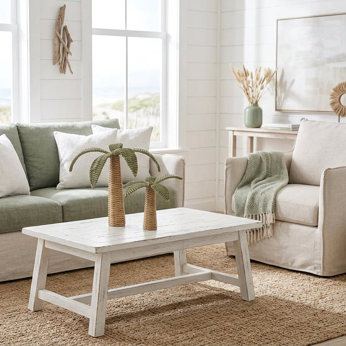Bring tropical charm home with our Barefoot Palm Woven Tropical Trees. A natural and green rattan-style décor set, perfect for coastal and Hamptons interiors.