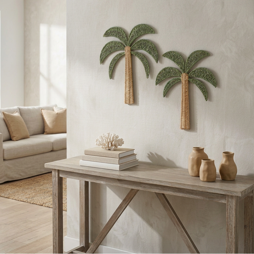 Add tropical charm with our Barefoot Palm Woven Wall Décor set of 2. Natural and green palm designs, perfect for coastal, Hamptons and boho interiors.