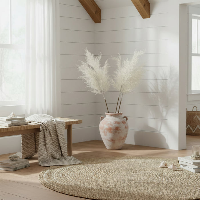 White Pampas Grass in a large urn for coastal boho beach house decor