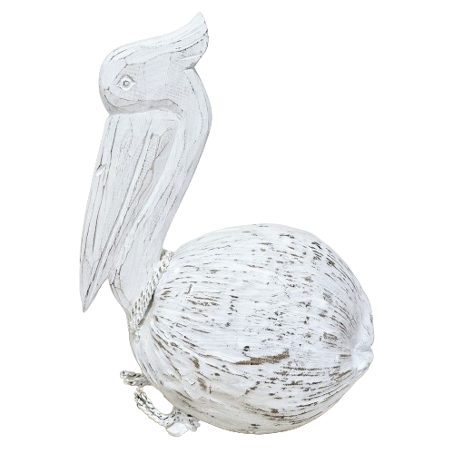 Coastal Rustic Sitting Wooden Pelican | White