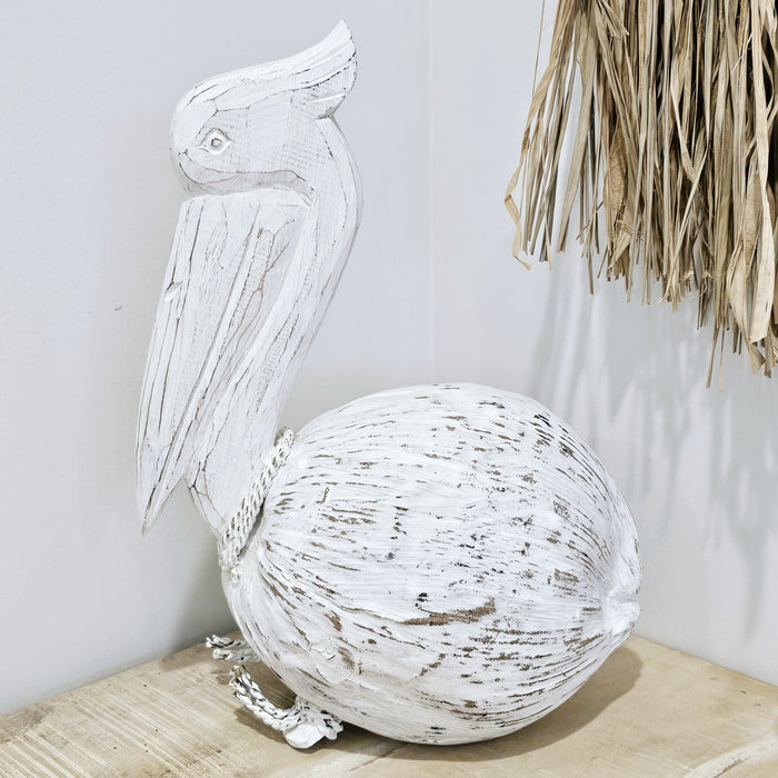 Coastal Rustic Sitting Wooden Pelican | White