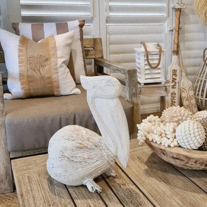 Coastal Rustic Sitting Wooden Pelican | White | Back Soon