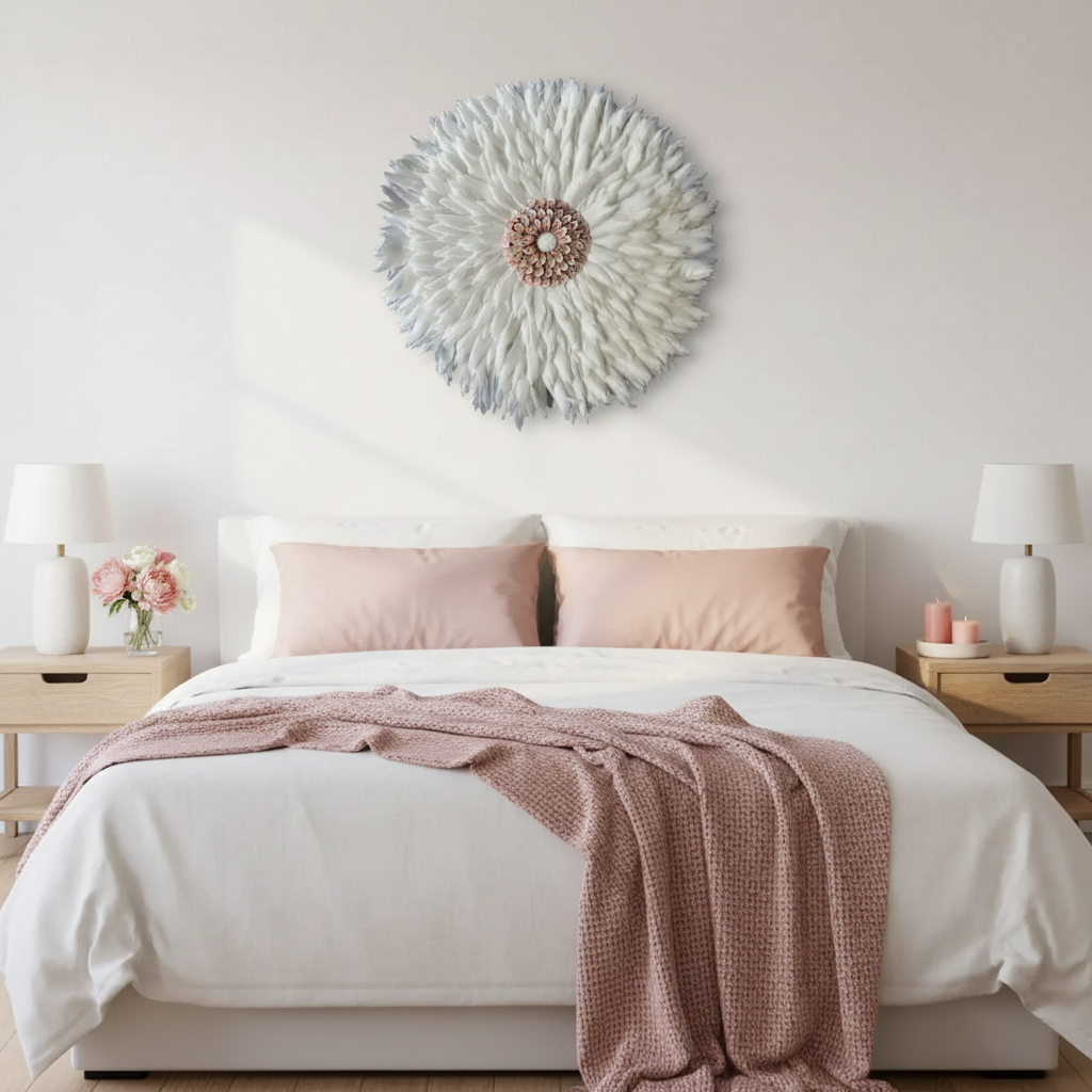 Handmade Bali shell and feather Juju wall hanging with soft white feathers, beaded centre, cowrie shells, and seagrass details.