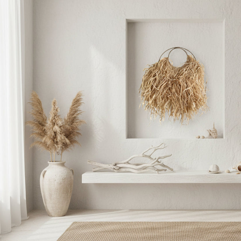 Balinese handmade raffia wall hanging for boho coastal beach house decor