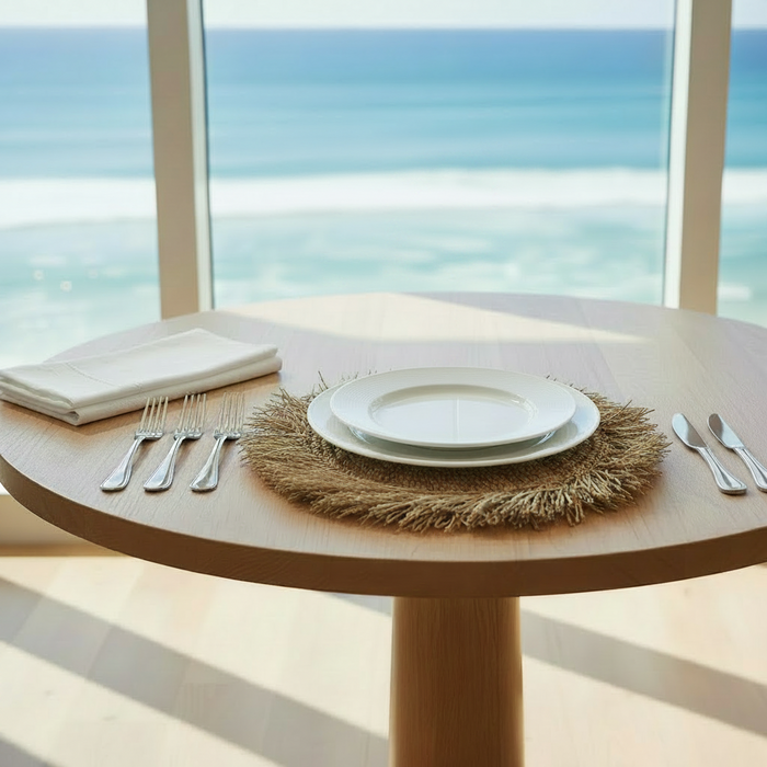 Dining table set with plates, cutlery, and a glass of wine in front of a large window with a view of the ocean.