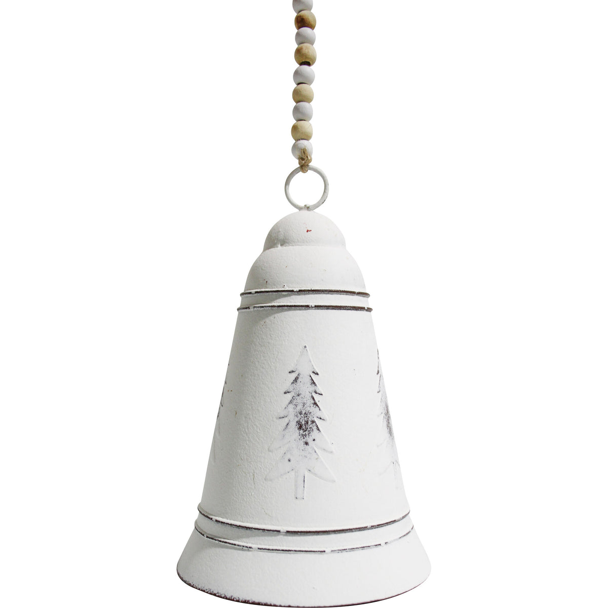 Shop our rustic white metal Christmas bell featuring a distressed vintage finish and chunky wooden beads. Perfect for farmhouse Christmas decorating.