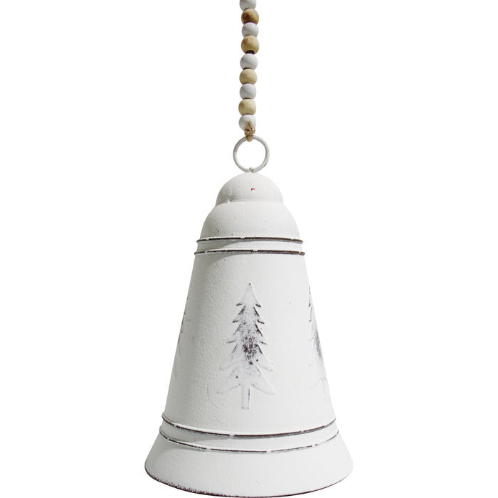 Shop our rustic white metal Christmas bell featuring a distressed vintage finish and chunky wooden beads. Perfect for farmhouse Christmas decorating.