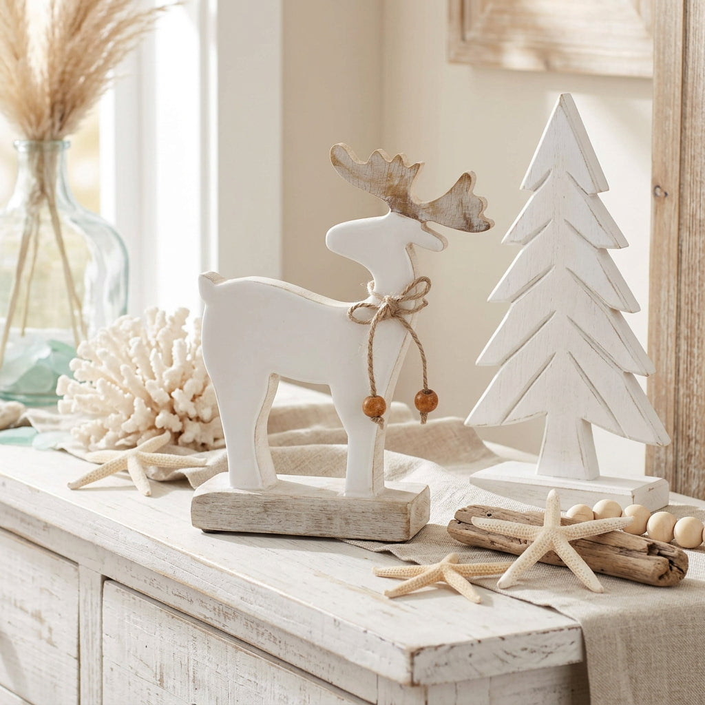 Shop our rustic white wooden reindeer, handcrafted from mango wood with a whitewash finish, jute rope and bead accents. Perfect for farmhouse Christmas décor.