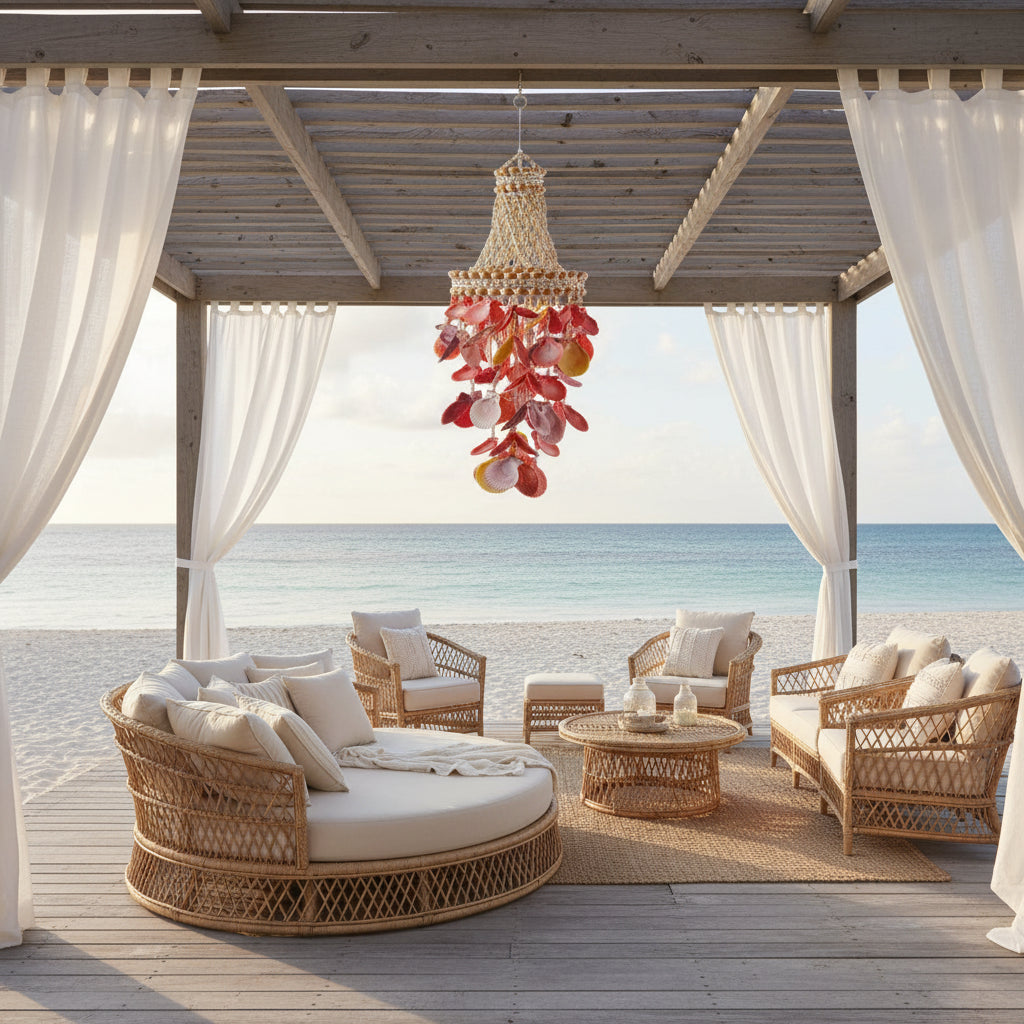 Handcrafted 75cm Sunset Shell Windchime Chandelier made from natural sunset-coloured shells. A warm, textured coastal statement piece for your home.