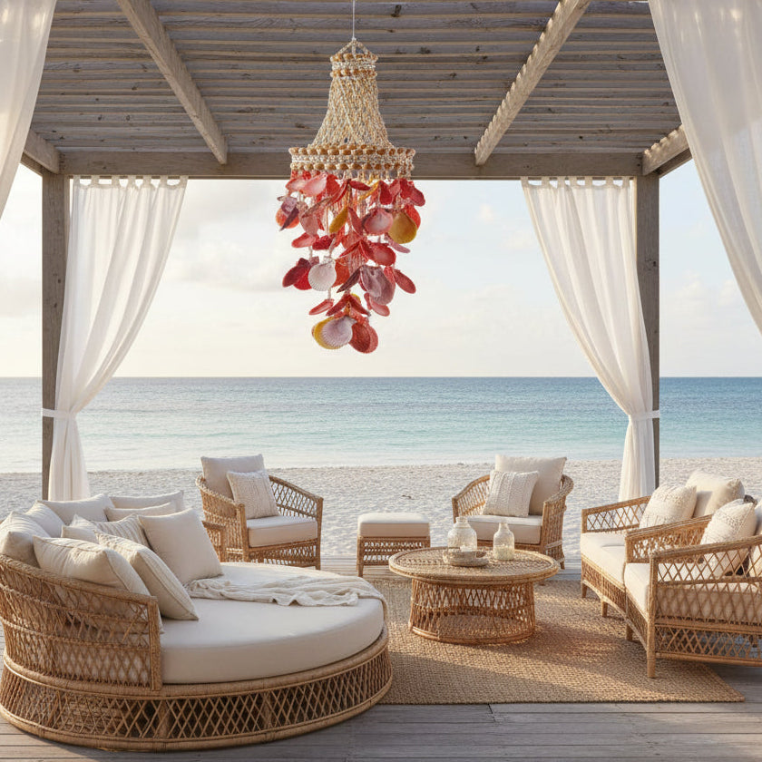 Handcrafted 75cm Sunset Shell Windchime Chandelier made from natural sunset-coloured shells. A warm, textured coastal statement piece for your home.