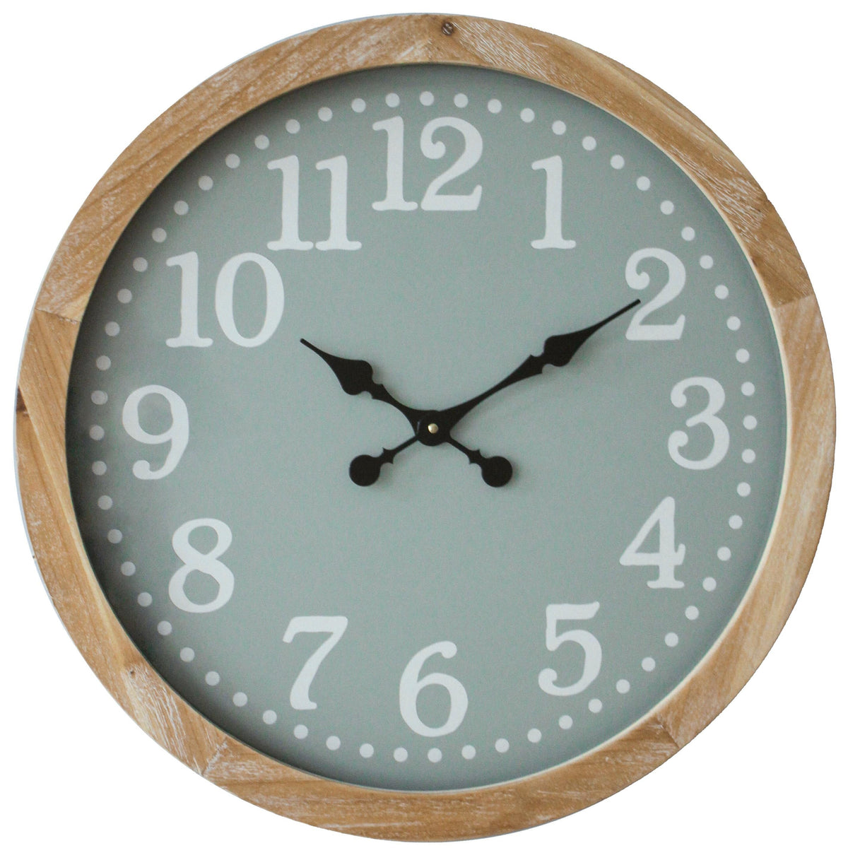 Round wall clock with wooden frame and light green face on a white background