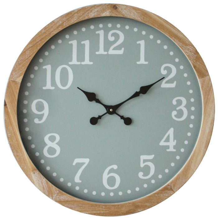 Round wall clock with wooden frame and light green face on a white background