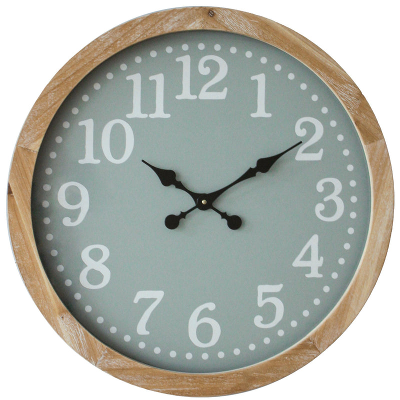 Round wall clock with wooden frame and light green face on a white background