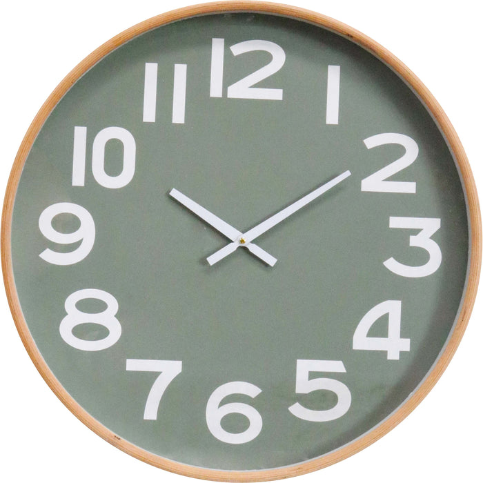 Green wall clock with white numbers and a wooden frame on a white background