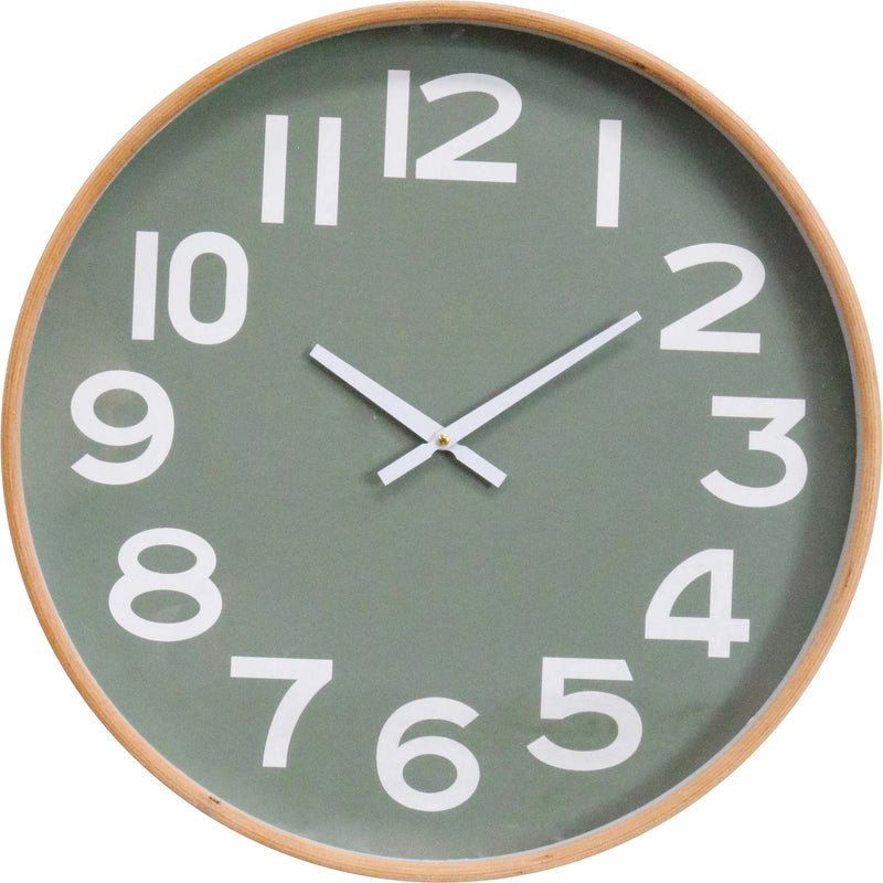 Green wall clock with white numbers and a wooden frame on a white background