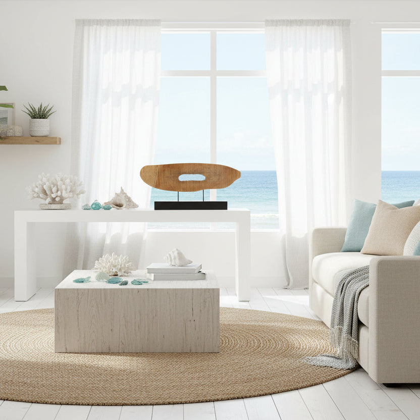 Saltwind wooden sculpture on a stand statement decor piece for coastal and beach house homes