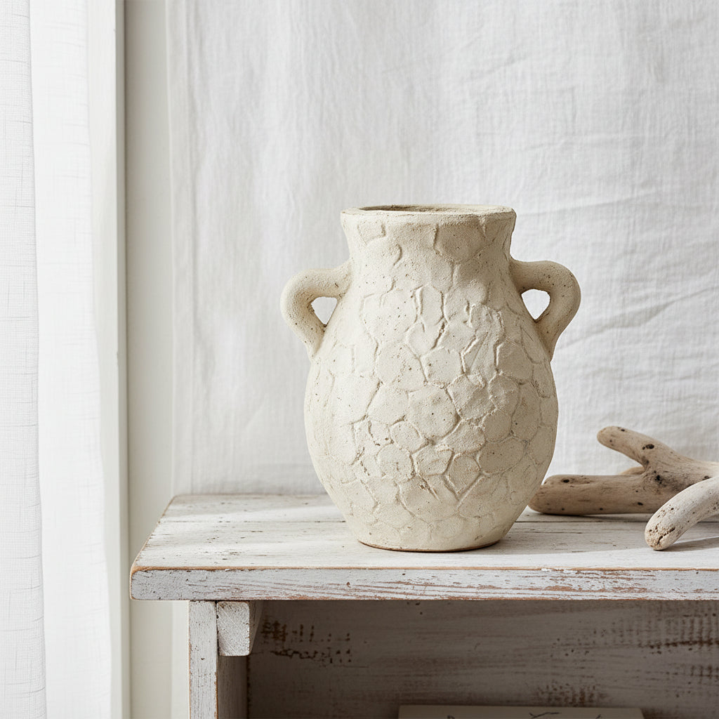 Textured urn with driftwood for coastal mediterrean decor