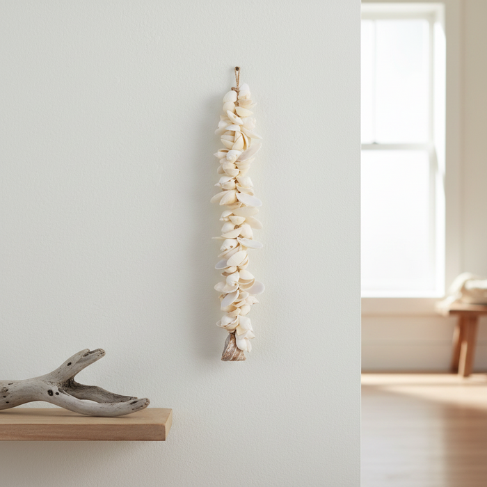 Handcrafted sea shell wall tassel made with white and pearl shells, natural rope and a pearlised shell. A beautiful coastal home décor accent in 40cm or 60cm.