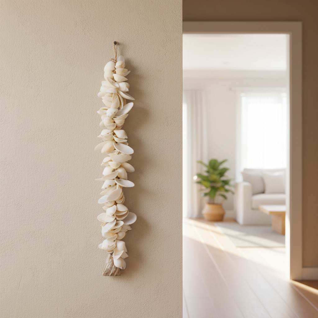 Handcrafted sea shell wall tassel made with white and pearl shells, natural rope and a pearlised shell. A beautiful coastal home décor accent in 40cm or 60cm.