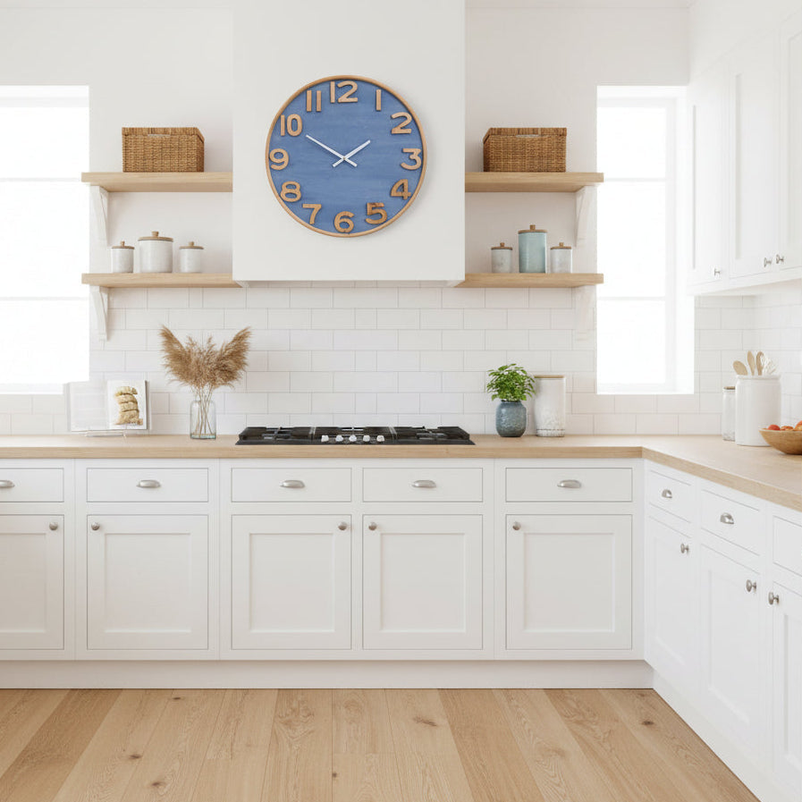 Blue wall clock 53 cm with wooden surround and 3D timber numerals coastal Hamptons style wall decor