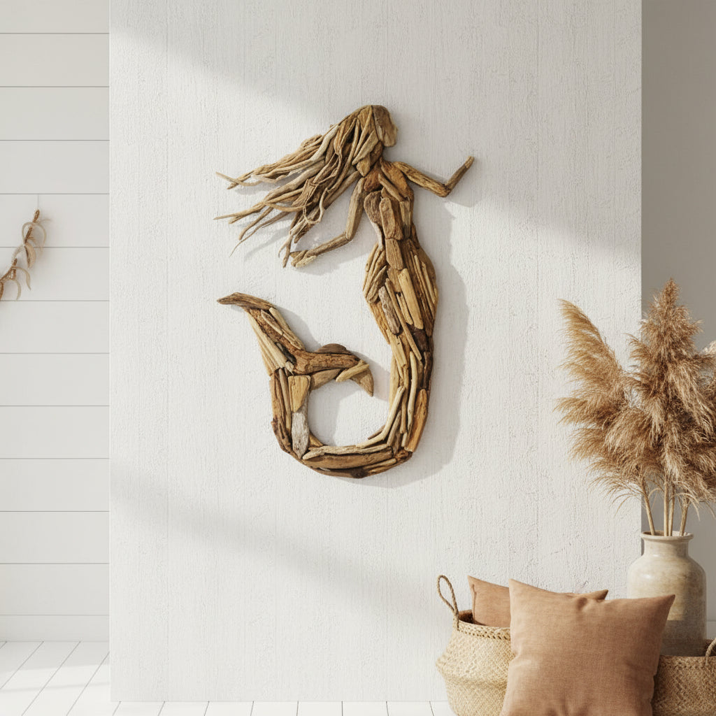 Create a stunning coastal statement with the Seraphina Driftwood Mermaid Wall Art. Handcrafted from natural driftwood, this 80cm wall décor adds timeless beach house charm and artisan style to any home.