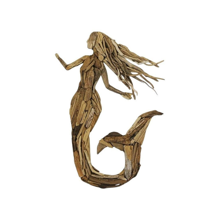 Create a stunning coastal statement with the Seraphina Driftwood Mermaid Wall Art. Handcrafted from natural driftwood, this 80cm wall décor adds timeless beach house charm and artisan style to any home.