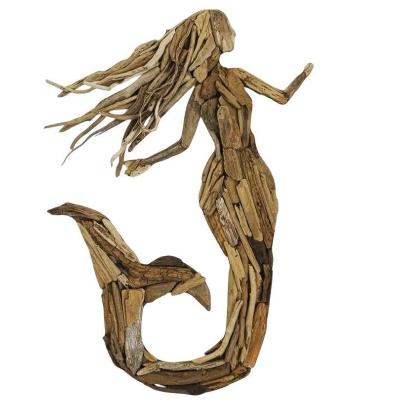Create a stunning coastal statement with the Seraphina Driftwood Mermaid Wall Art. Handcrafted from natural driftwood, this 80cm wall décor adds timeless beach house charm and artisan style to any home.