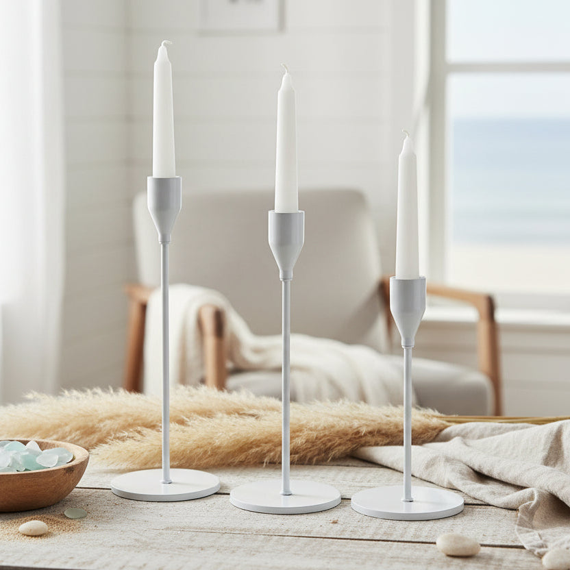 Set of 3 white iron candlesticks for coastal and beach house homes