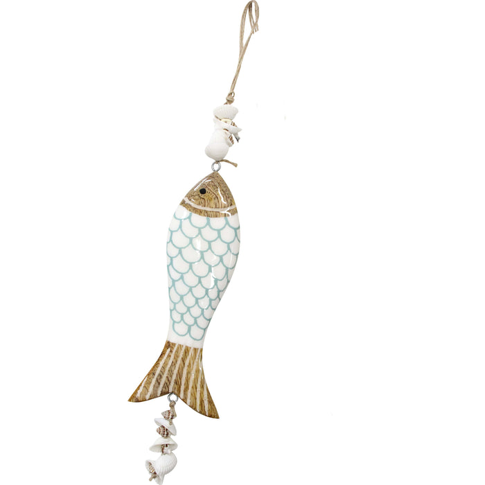 Decorative fish-shaped hanging ornaments with shell details on a white background.