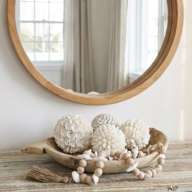 Vintage indian wooden parat plate bowl filled with handmade shell balls coastal unique decor