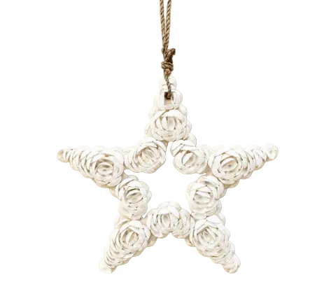 A white handmade shell star hanging ornament with a natural brown twine loop at the top, 