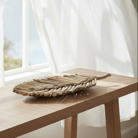 Shoreline Driftwood Tray on a console in a coastal beach house