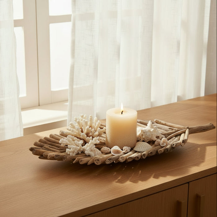Shoreline driftwood tray filled with shells