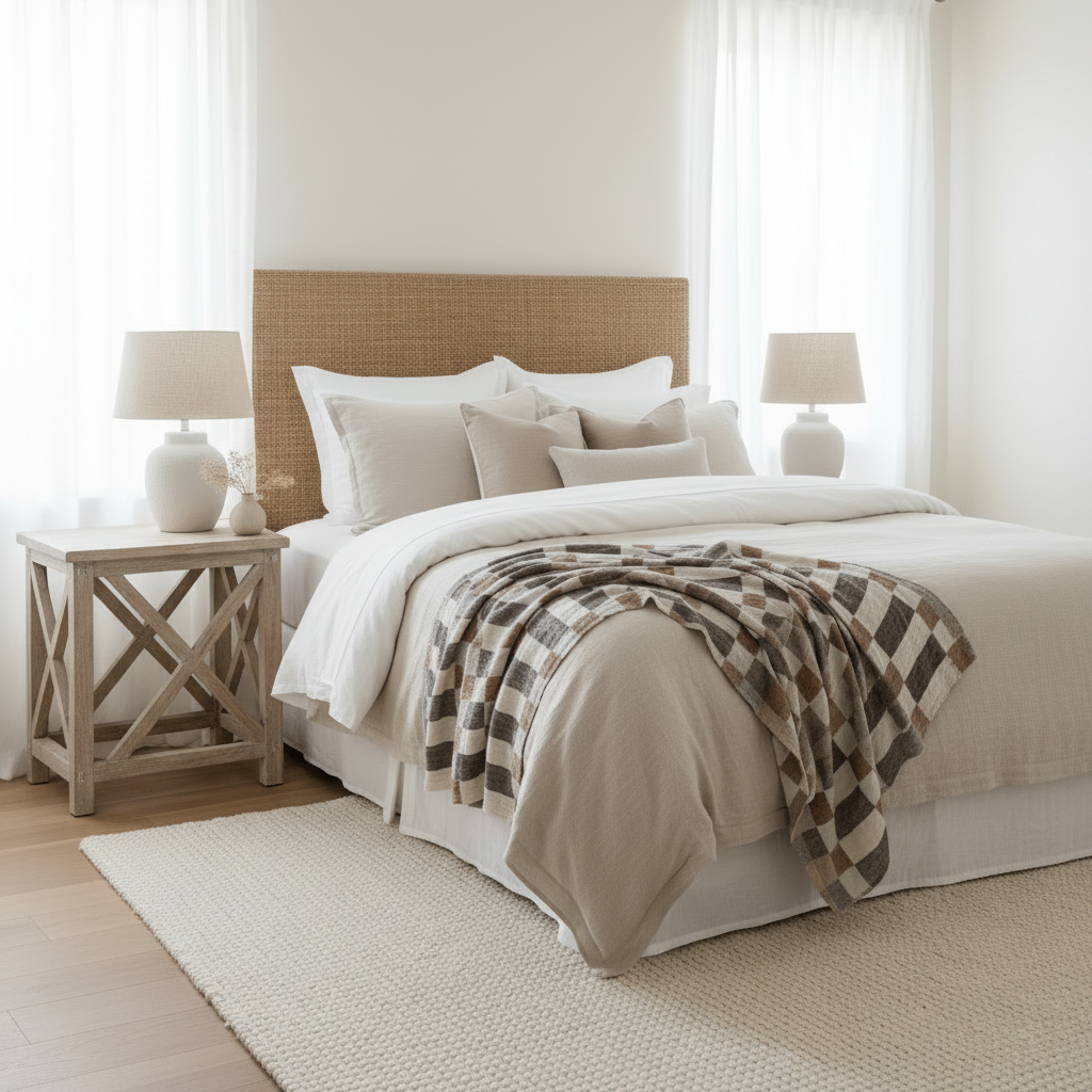 Style your home with the Sienna Textured Throw, crafted from soft recycled cotton with an elegant geometric design in sienna, white, and taupe. Perfect for beds, sofas, and coastal inspired interiors.