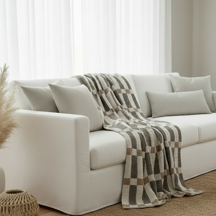 Style your home with the Sienna Textured Throw, crafted from soft recycled cotton with an elegant geometric design in sienna, white, and taupe. Perfect for beds, sofas, and coastal inspired interiors.