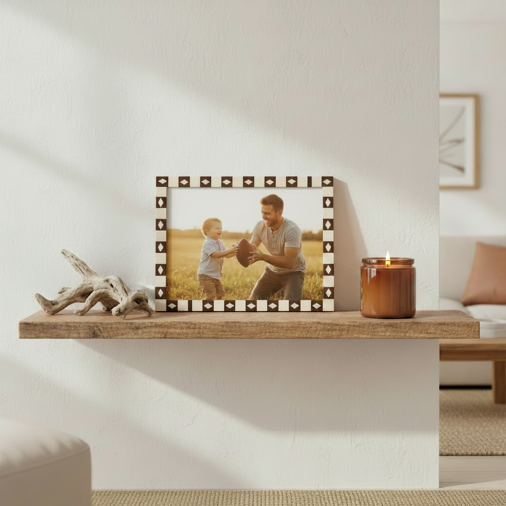 A rectangular picture frame with a cream and dark brown checkered border featuring repeating diamond motifs. 